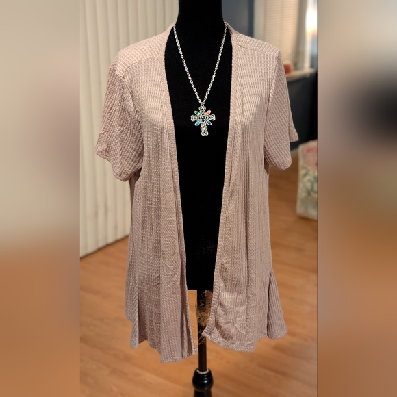 Shop Basic Tops - Shop Basic USA XL Waffle Knit Cardigan Ruffle Hem Short Sleeve Taupe